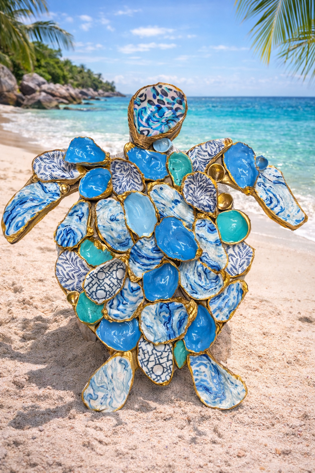 Blue & Teal Oyster Shell Sea Turtle wall hanging