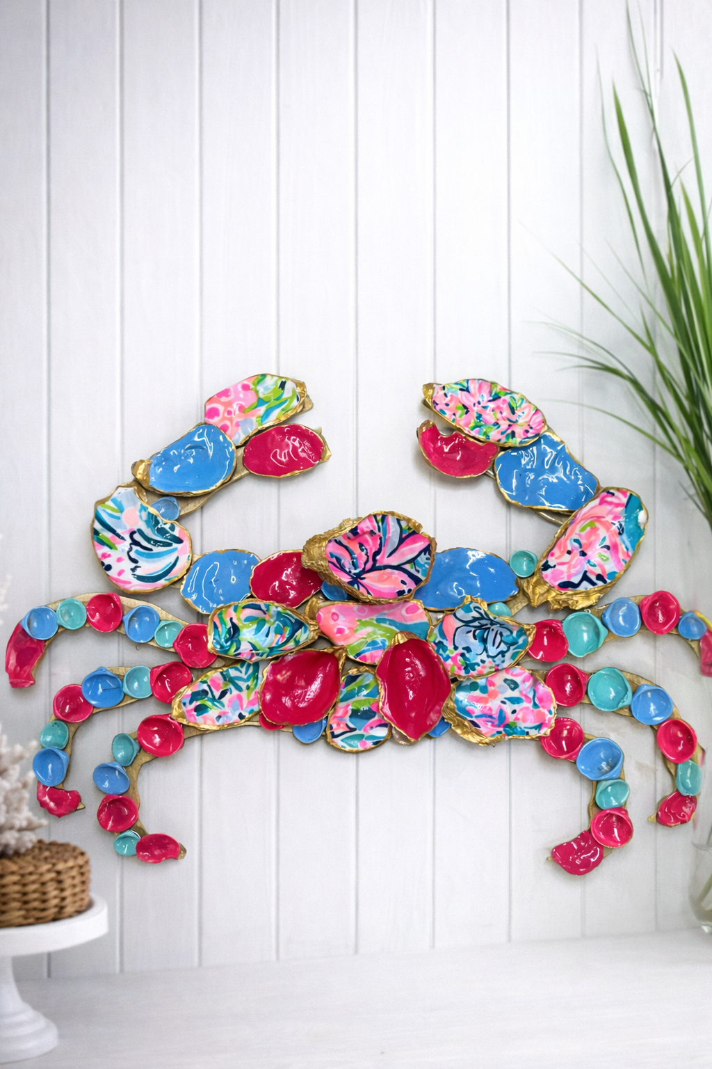 Lilly inspired pink and blue oyster shell crab