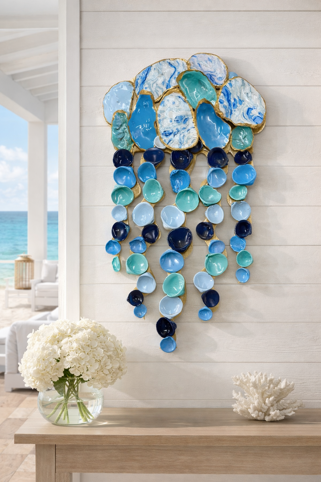 Ocean Mist oyster shell Jellyfish wall hanging